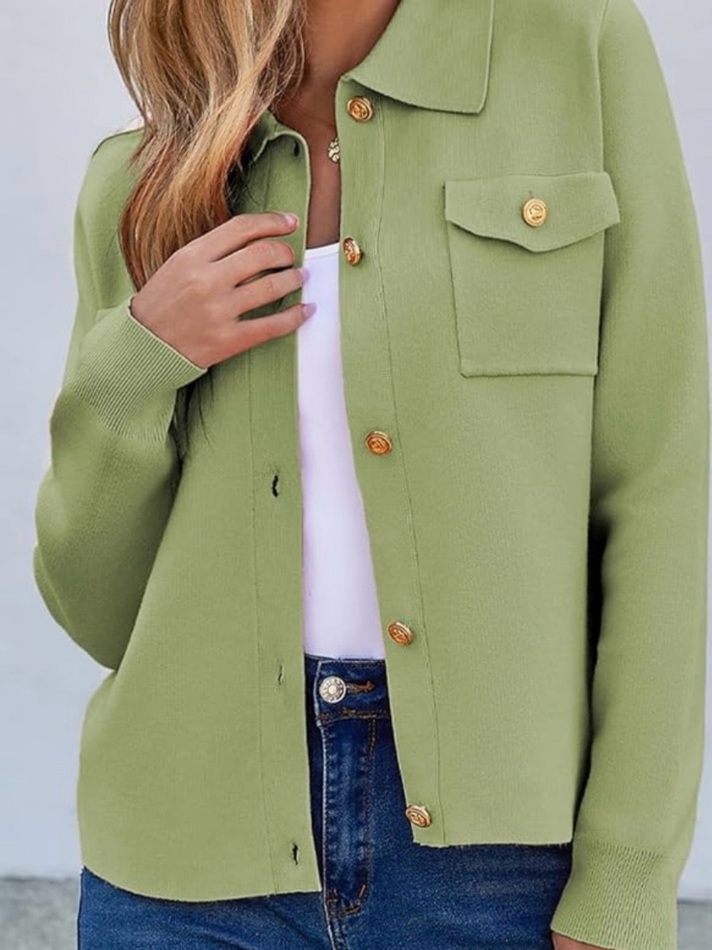 Light Green Button-Front Knit Jacket Cardigan Sweater